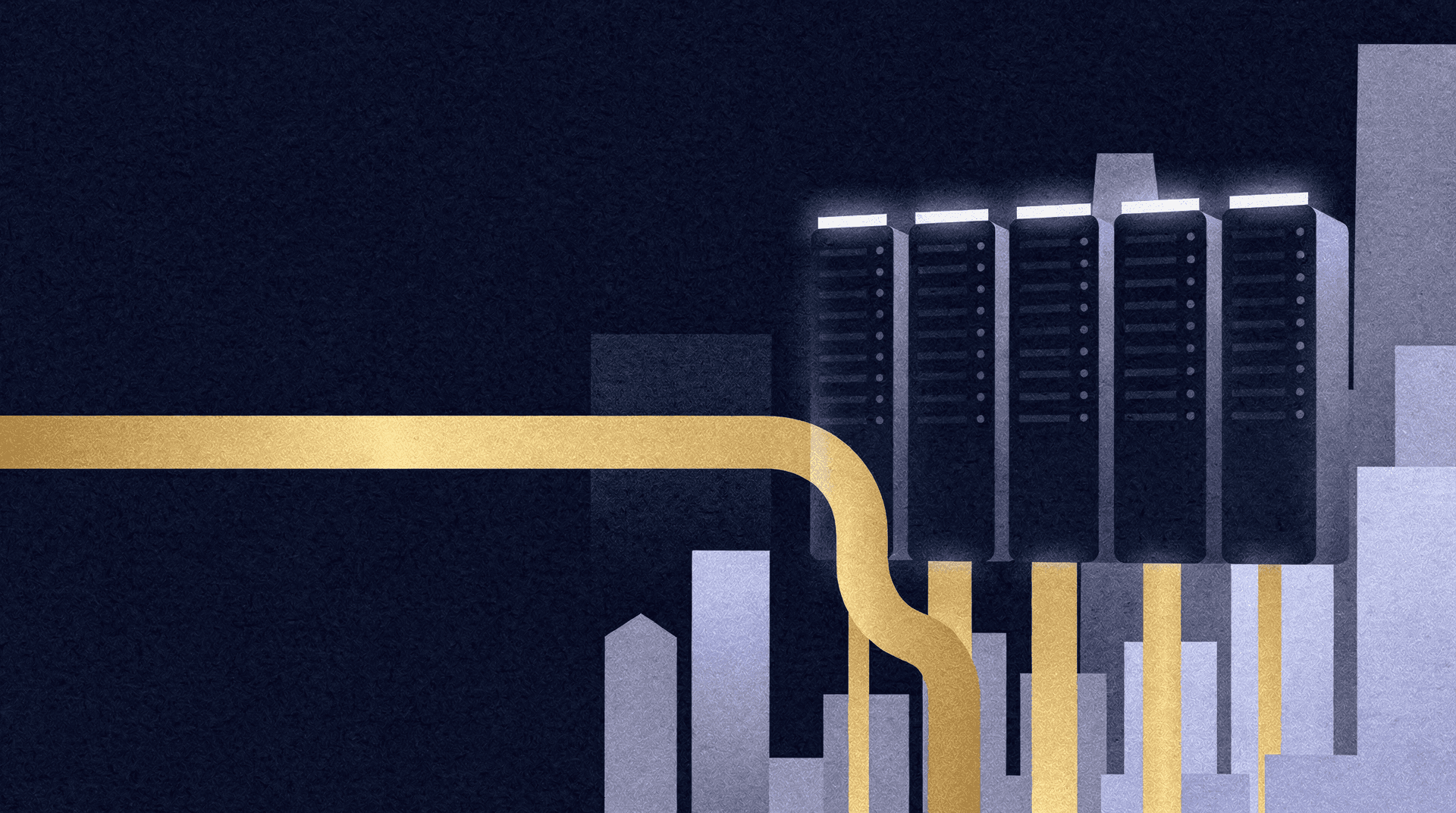 Stylized illustration of server racks with glowing tops, connected by a winding golden data stream to a cityscape of bar graphs.