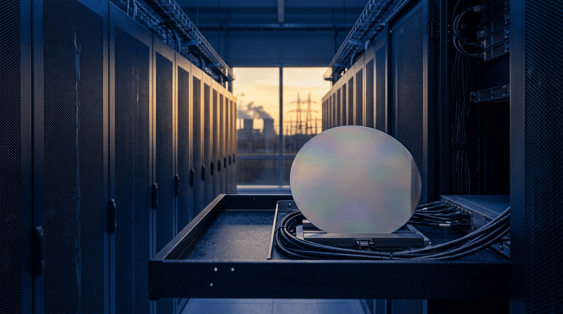 Server racks recede down a blue-lit datacenter aisle with cooling towers and a substation glimpsed at dusk