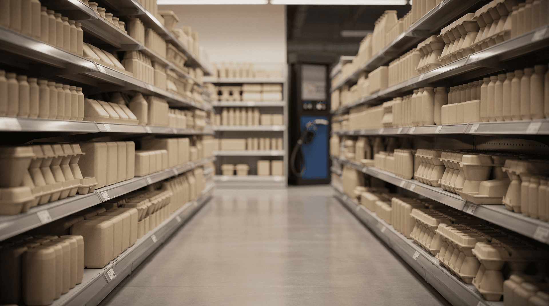 Softly lit grocery store aisle with stocked shelves and a blurred fuel pump in the background