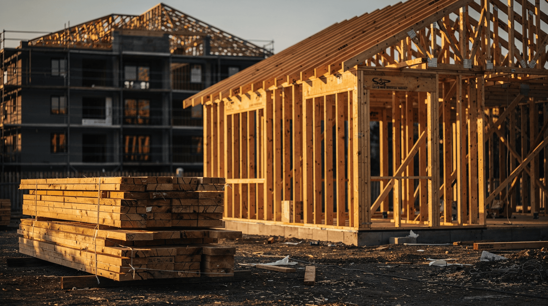 A sunlit single-family house frame under construction beside a shadowed, idle apartment building frame in the background