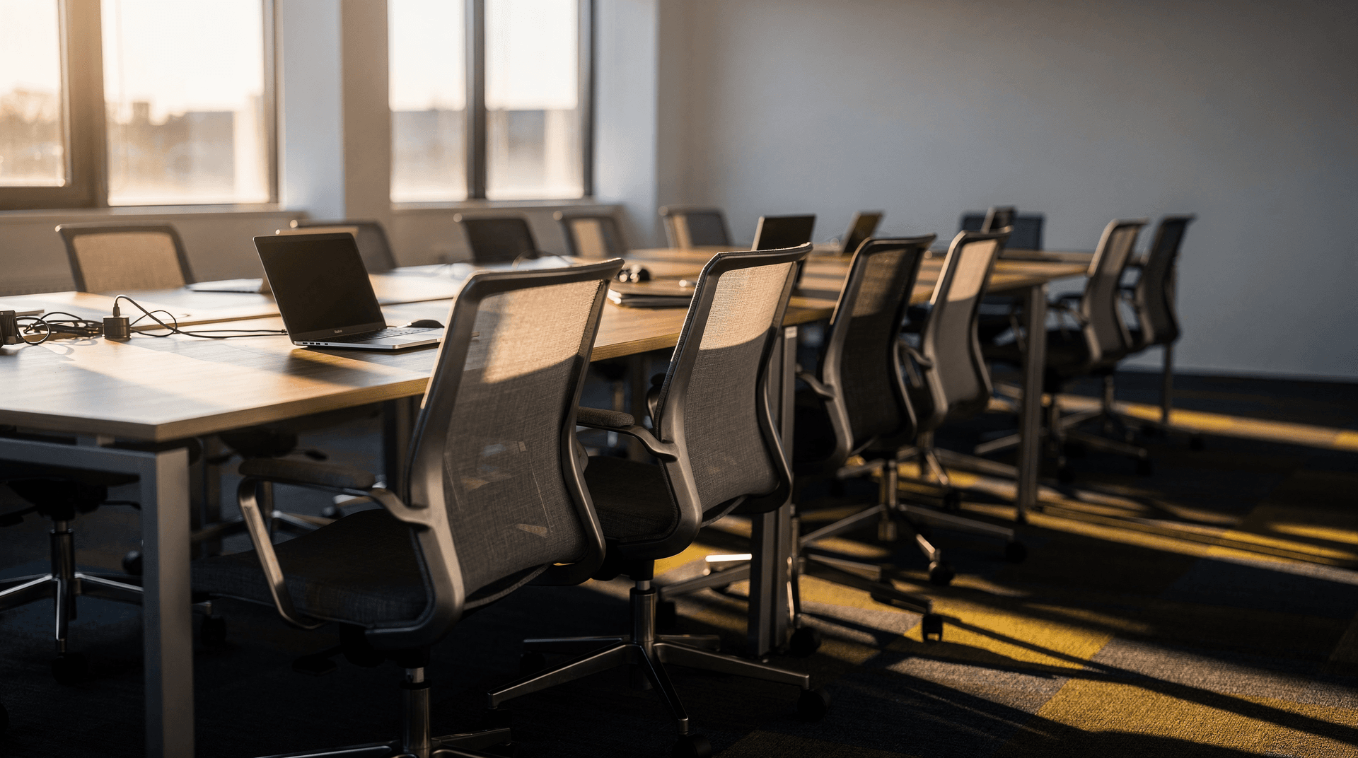 Empty office desks and chairs lit by dawn light, conveying a stalled, frozen hiring market