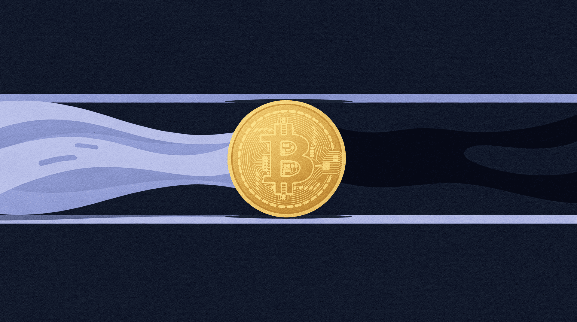 A golden Bitcoin coin sits centered within a horizontal channel; light blue wavy flow enters from the left, dark wavy flow exits to the right.