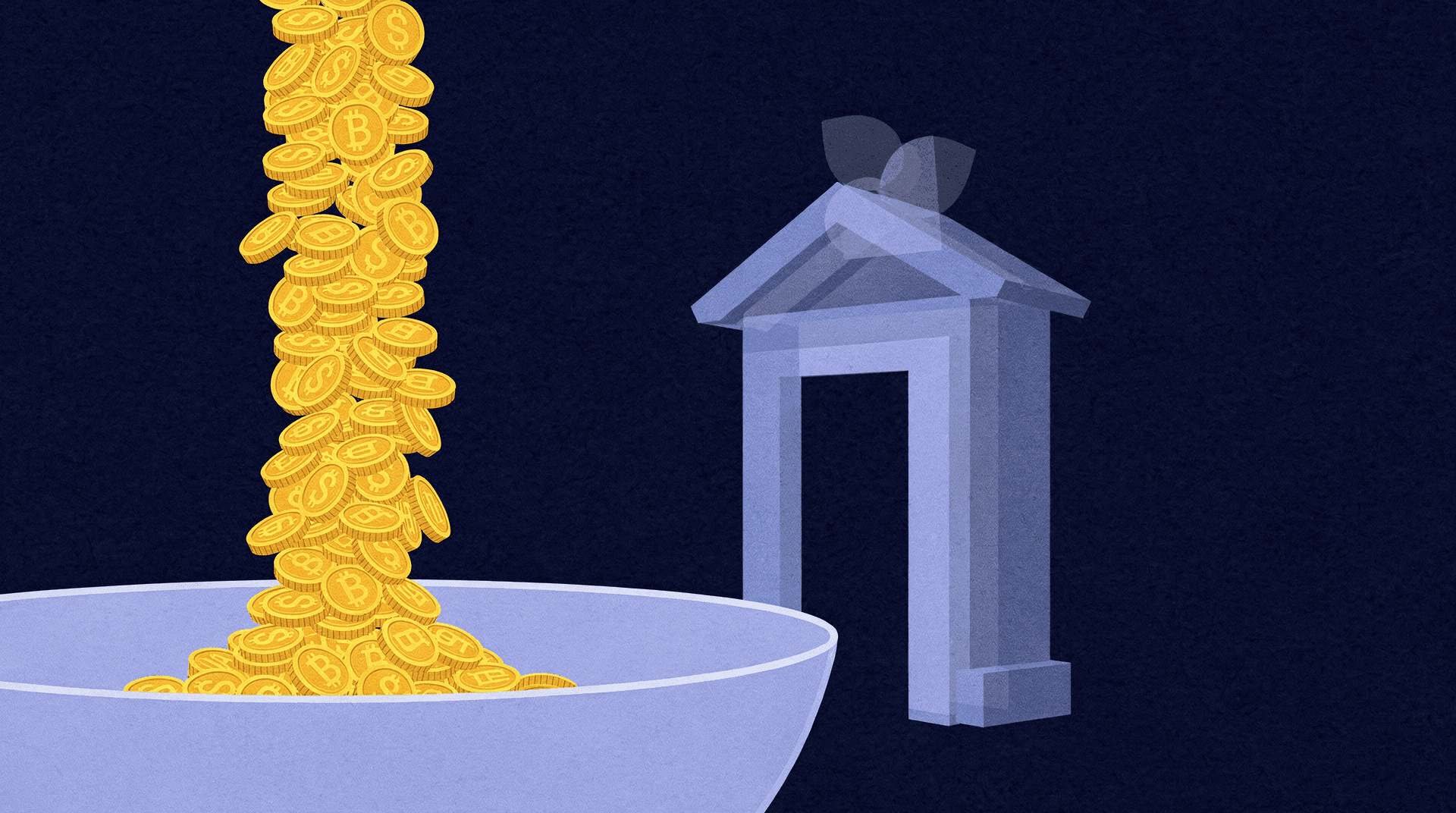 Digital illustration of numerous golden coins, some marked 'B' for Bitcoin, pouring into a light blue bowl; a stylized building stands nearby.