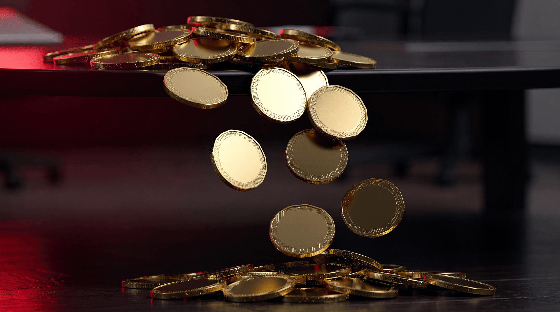 Golden, circular coins with subtle circuit patterns around the edges are falling from a dark wooden surface onto another dark surface below.