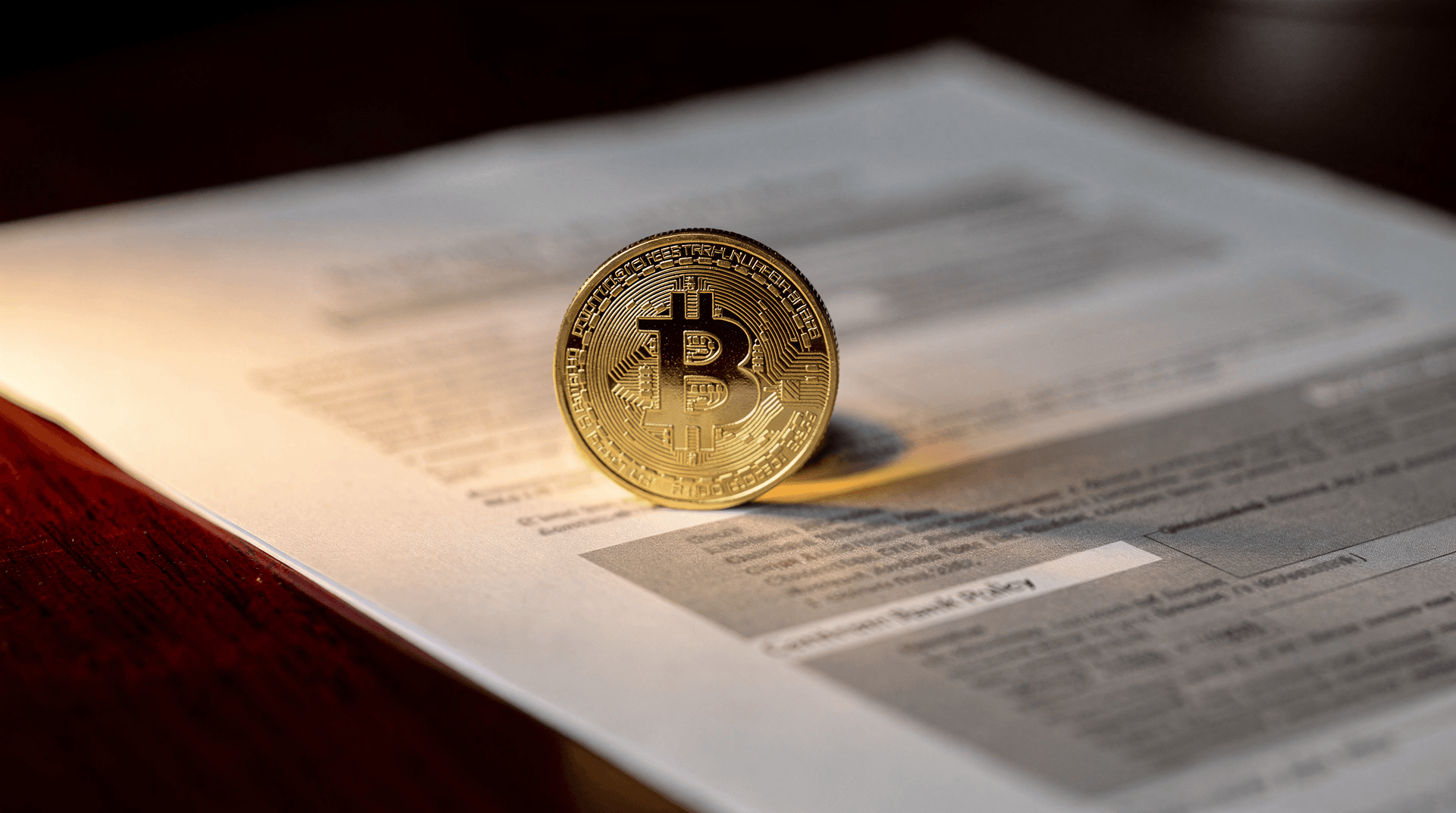 Close-up of a golden Bitcoin coin standing upright on a document, casting a shadow, with warm light on the left.