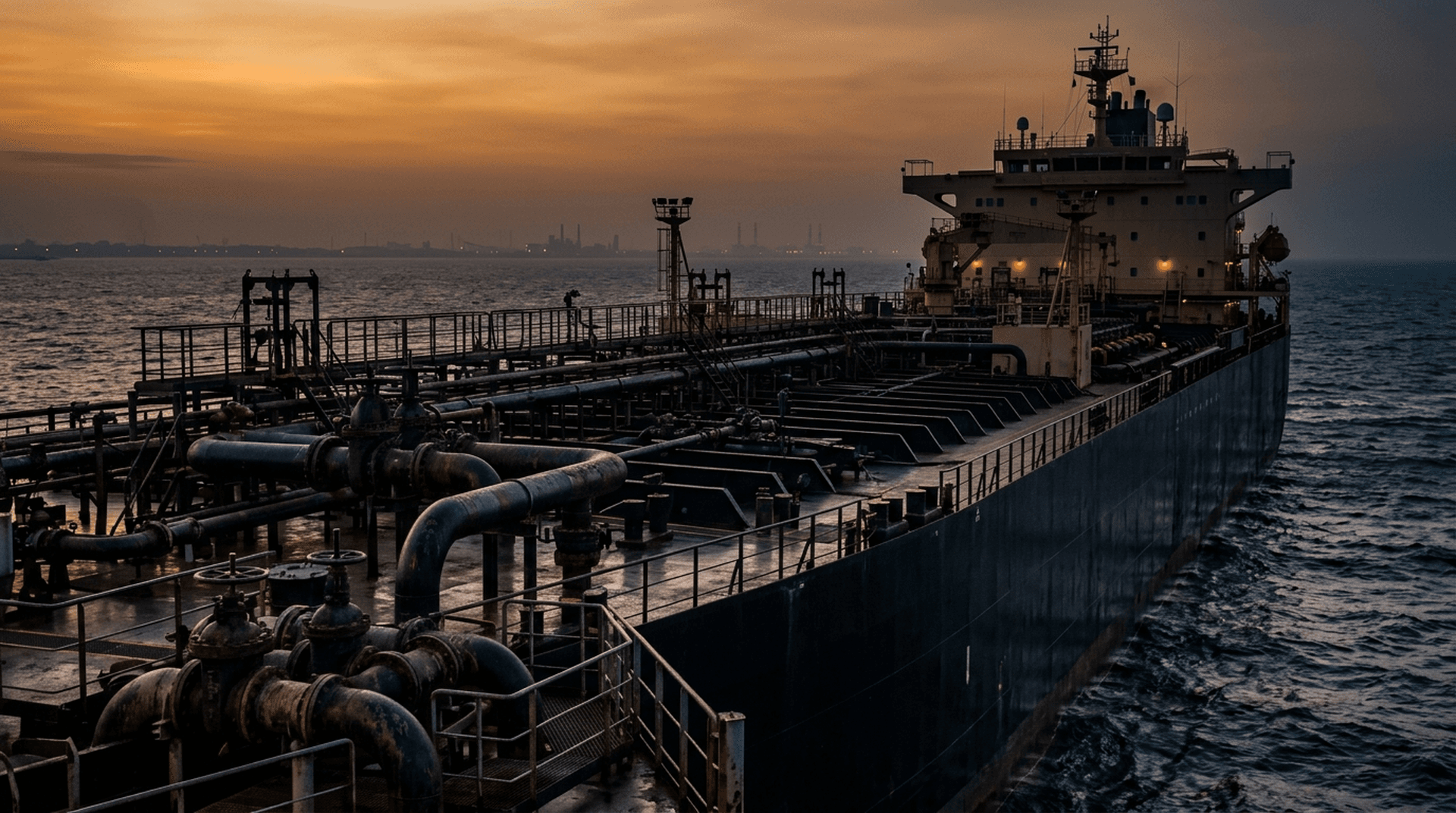 An Aframax oil tanker anchored alone in hazy dusk light with distant port cranes silhouetted on the horizon.
