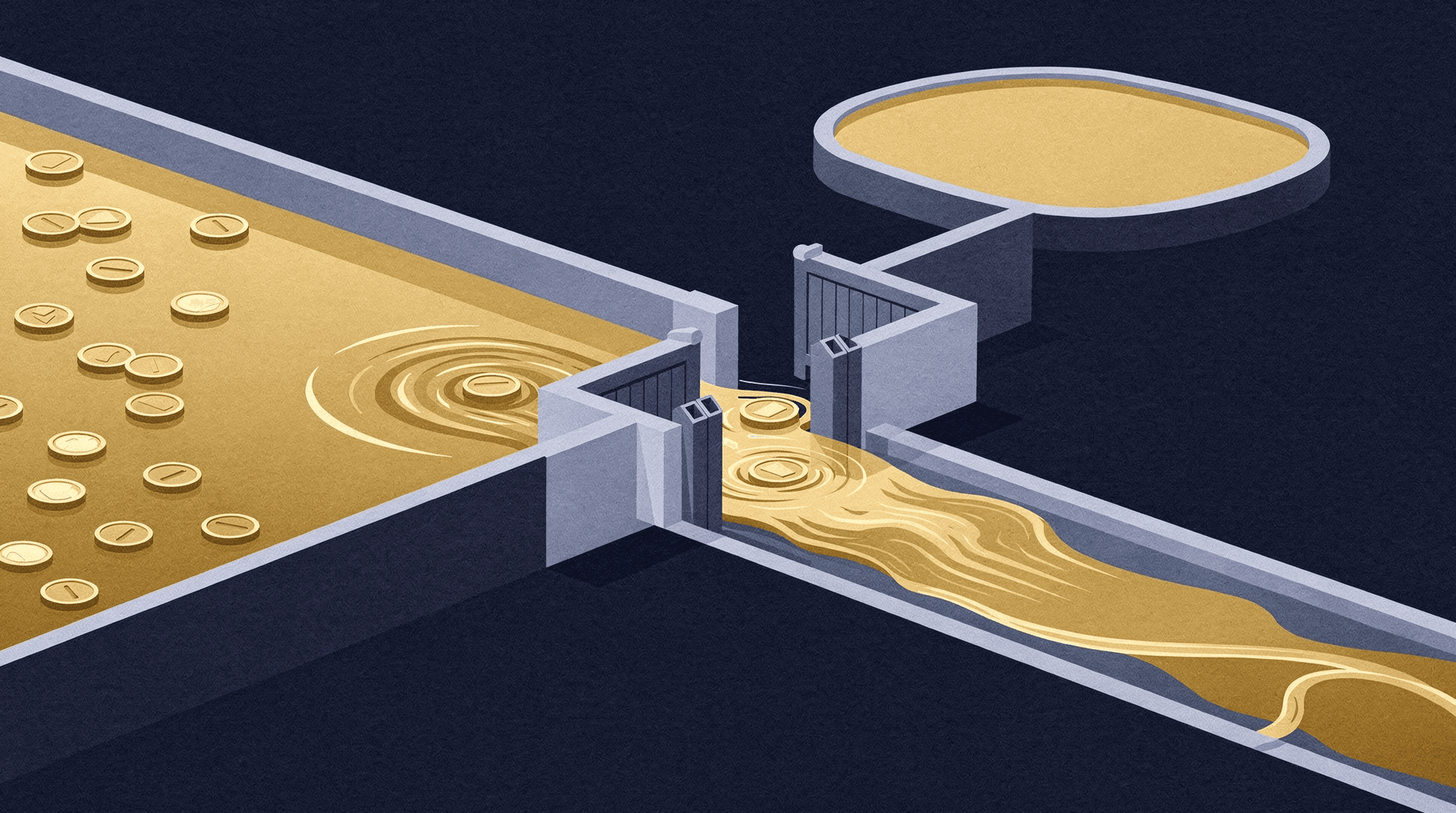 An isometric illustration depicts golden liquid, symbolizing money, flowing through an open dam from a reservoir.