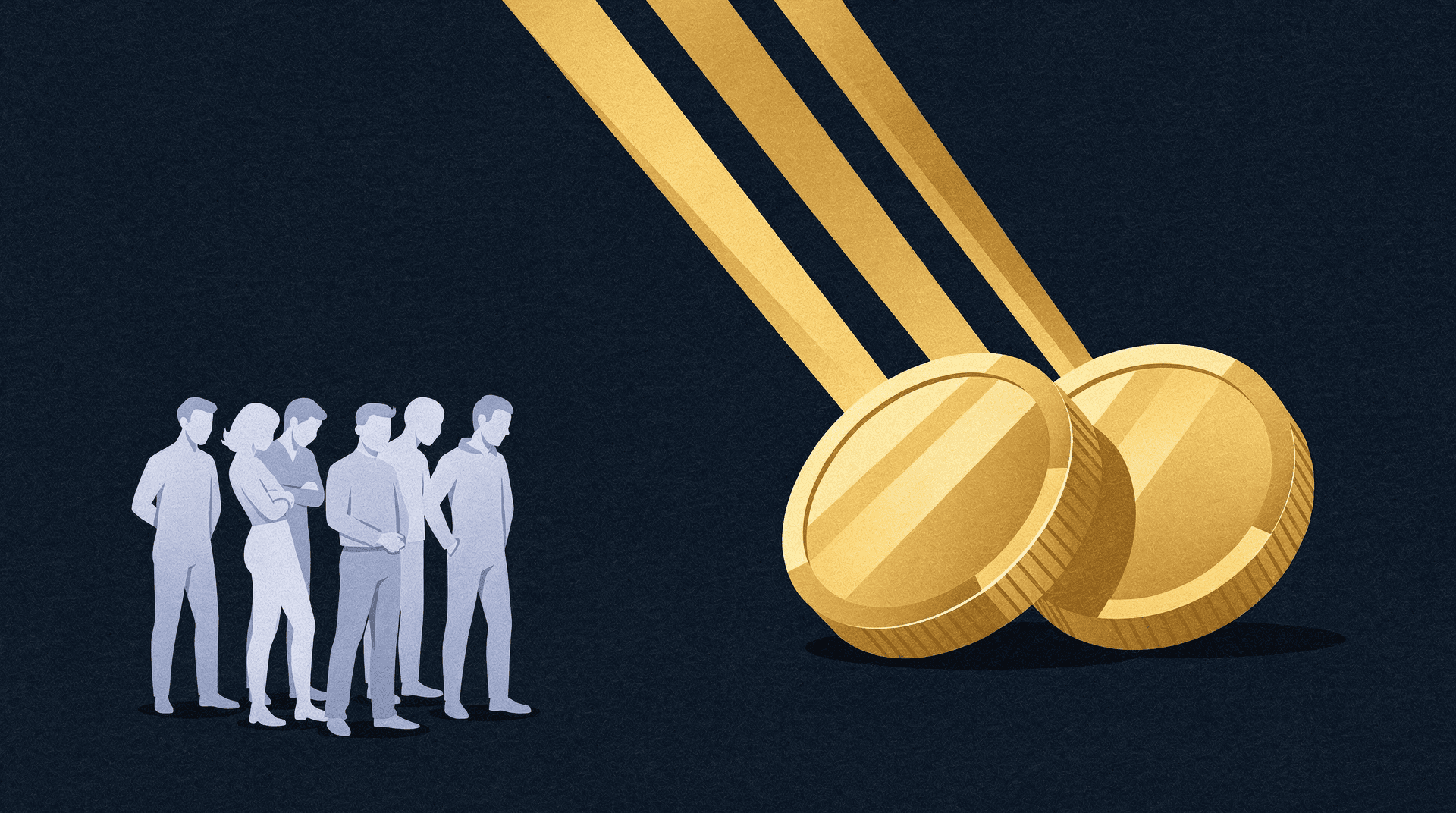 Illustration of a group of people on the left looking towards large golden coins descending from the upper right, against a dark background.
