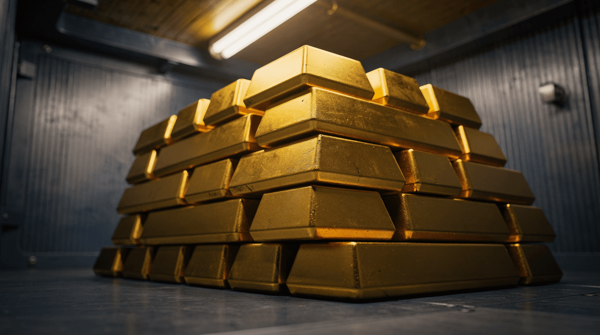 Stacked gold bullion bars glow under warm light inside a secure bank vault.