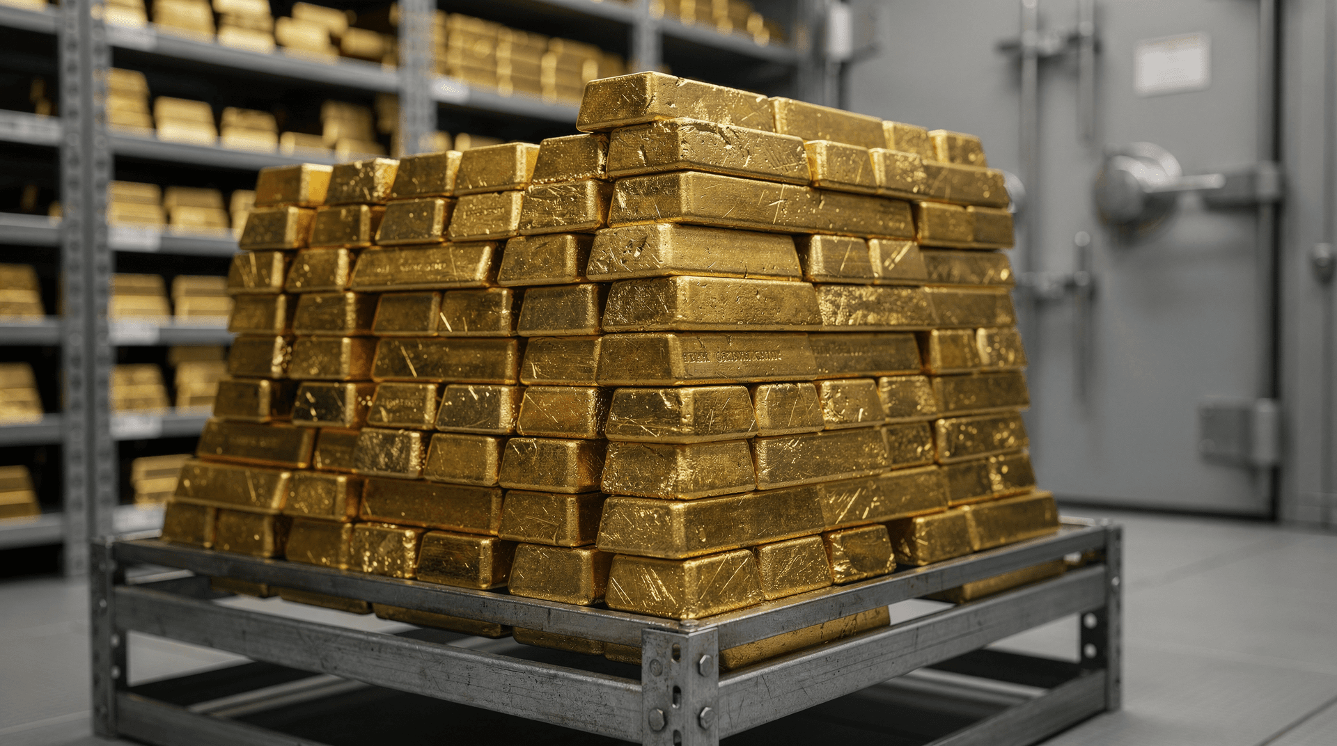 Stacked gold bars in a professional vault with soft lighting