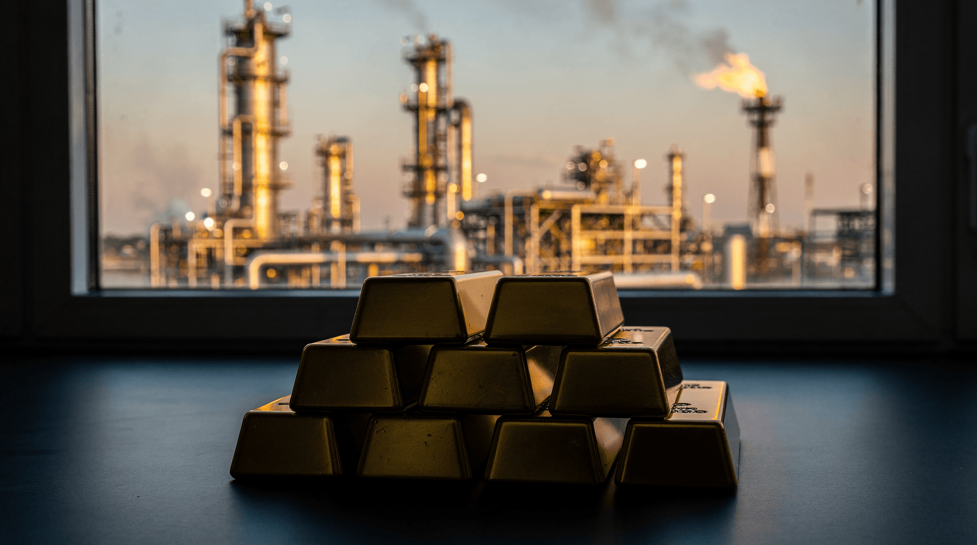Several gold bars stacked in the foreground with a blurred industrial oil refinery, including a flaring chimney, visible through a window in the background.