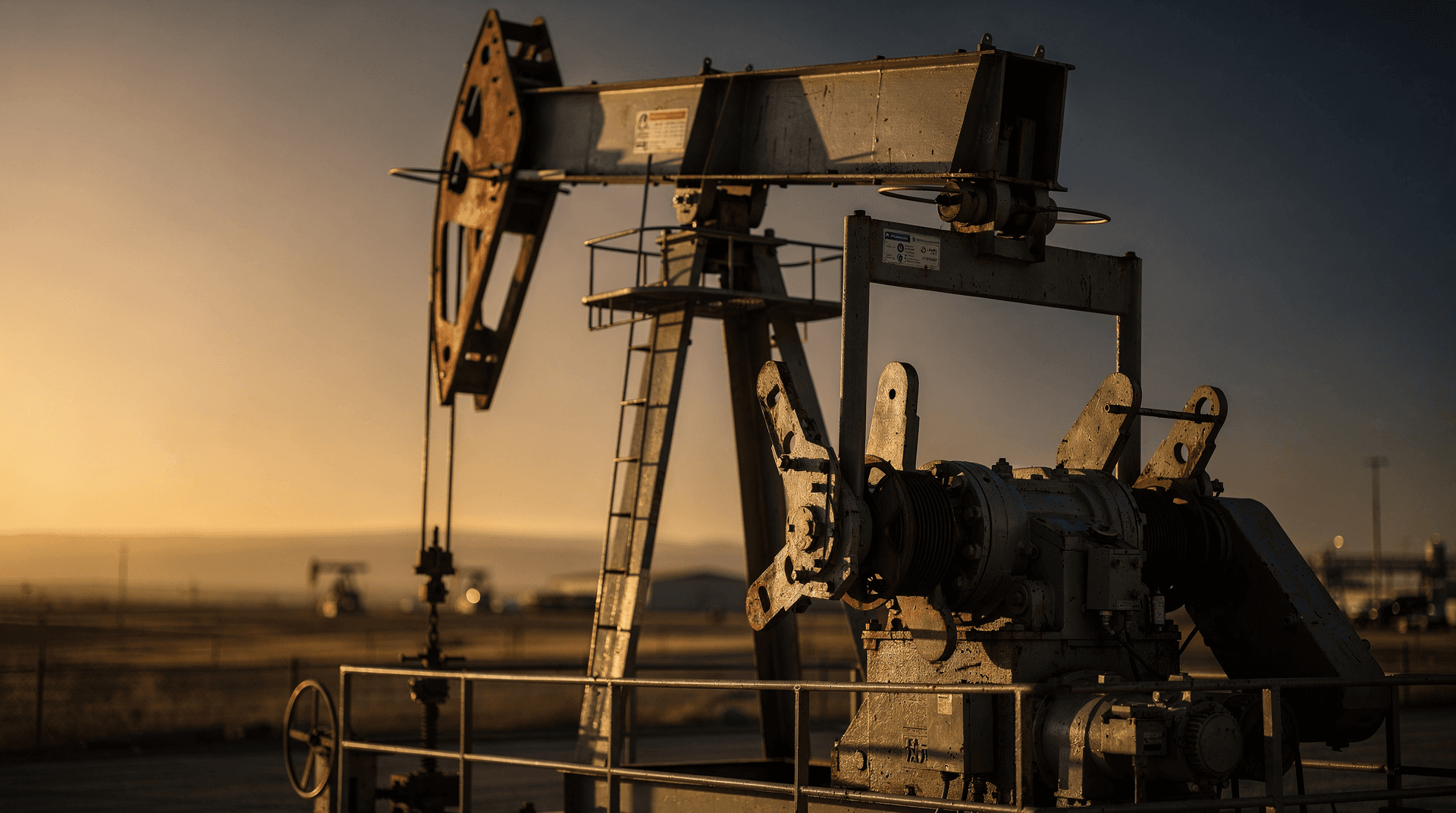Oil pumpjack operating at golden hour