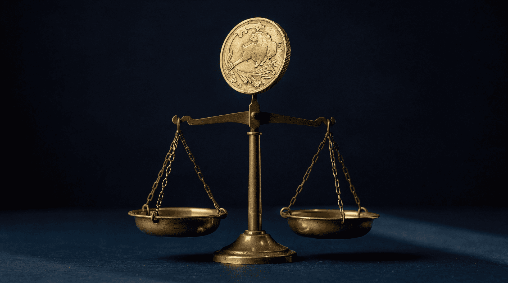 A brass coin frozen mid-tumble above an evenly balanced brass scale, in dramatic light on a dark background