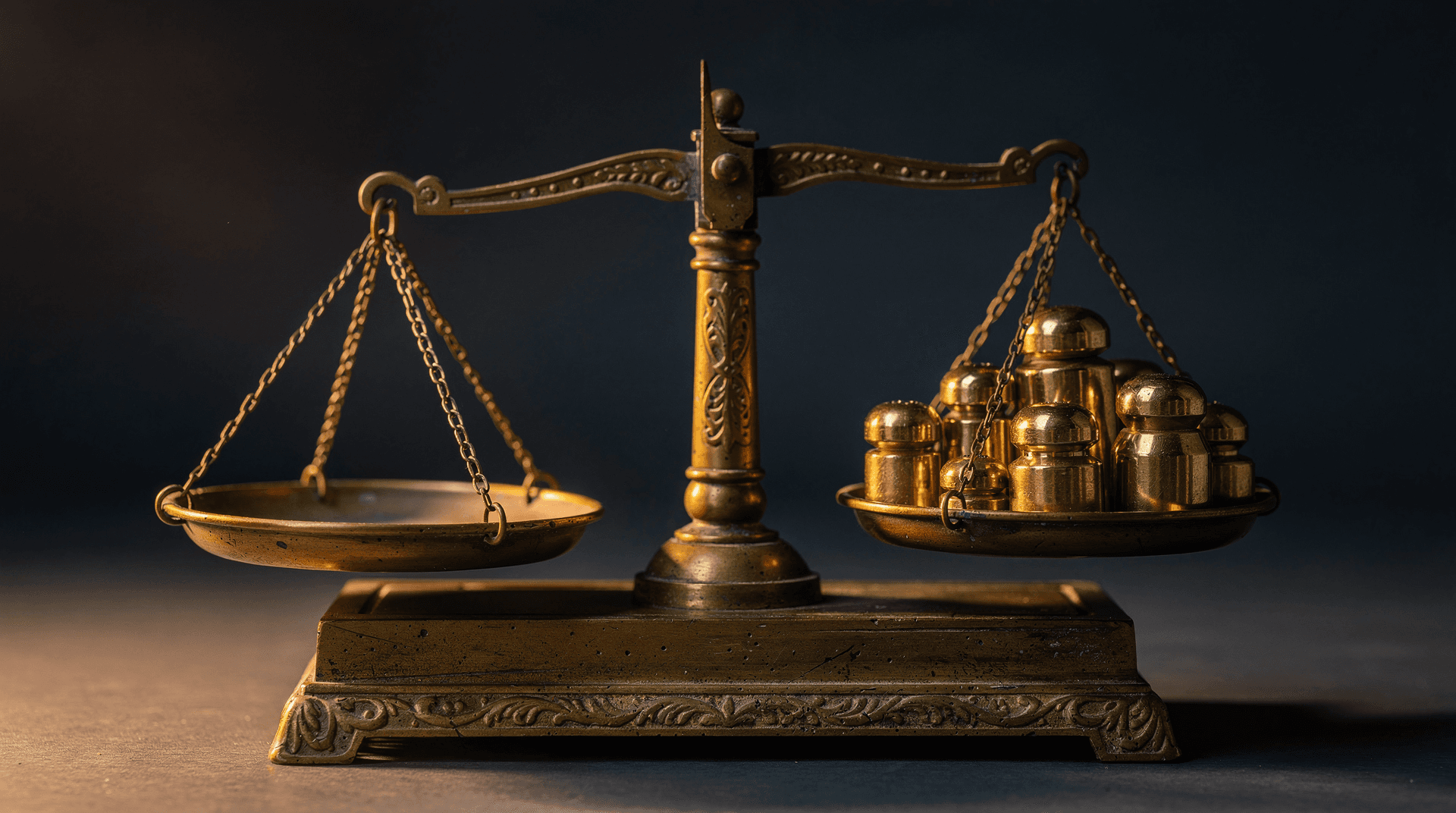 Brass balance scale with weights under warm light