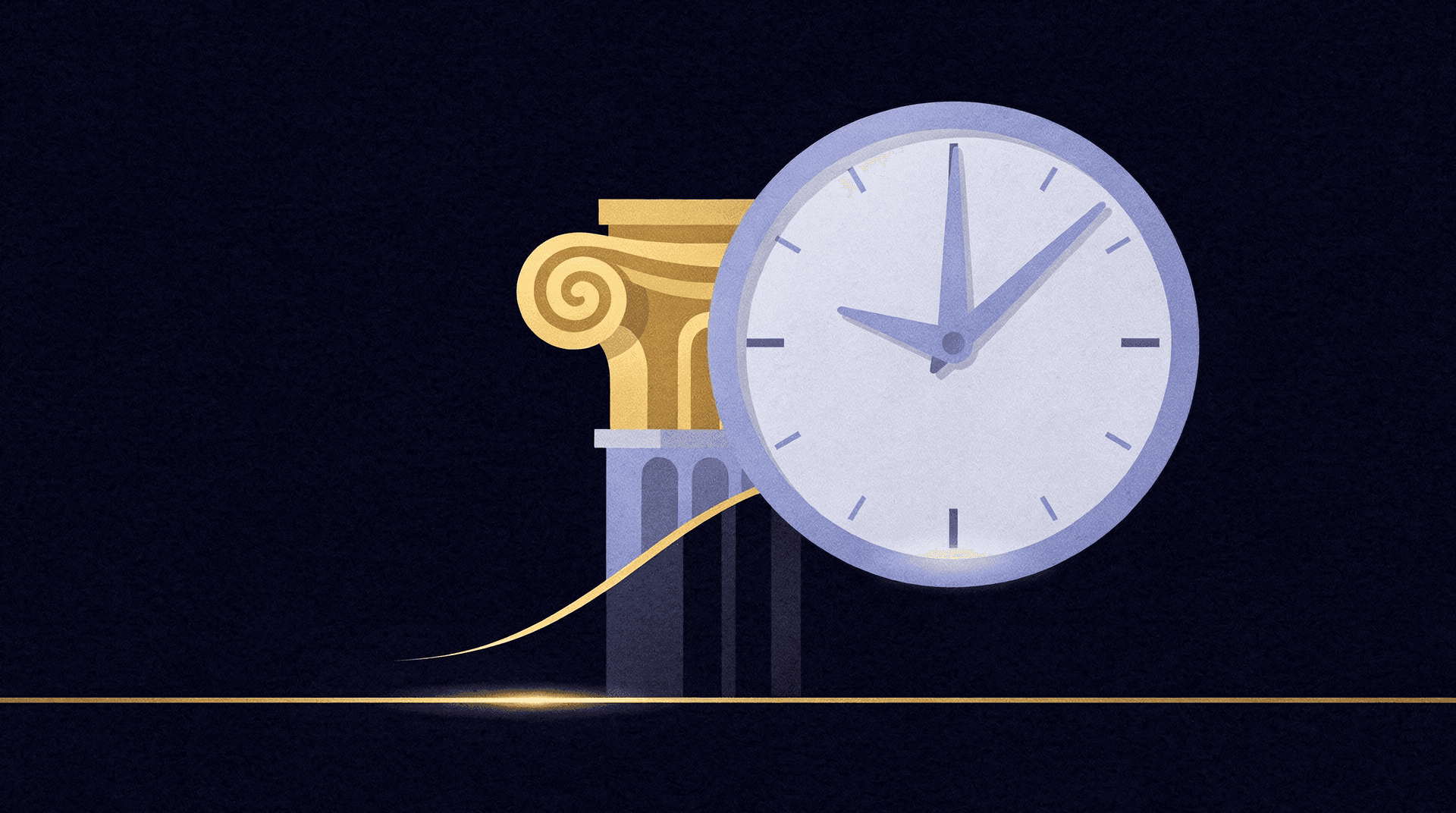 stylized illustration of a classical gold and blue column next to a light blue clock with a gold rising line, all on a dark blue background