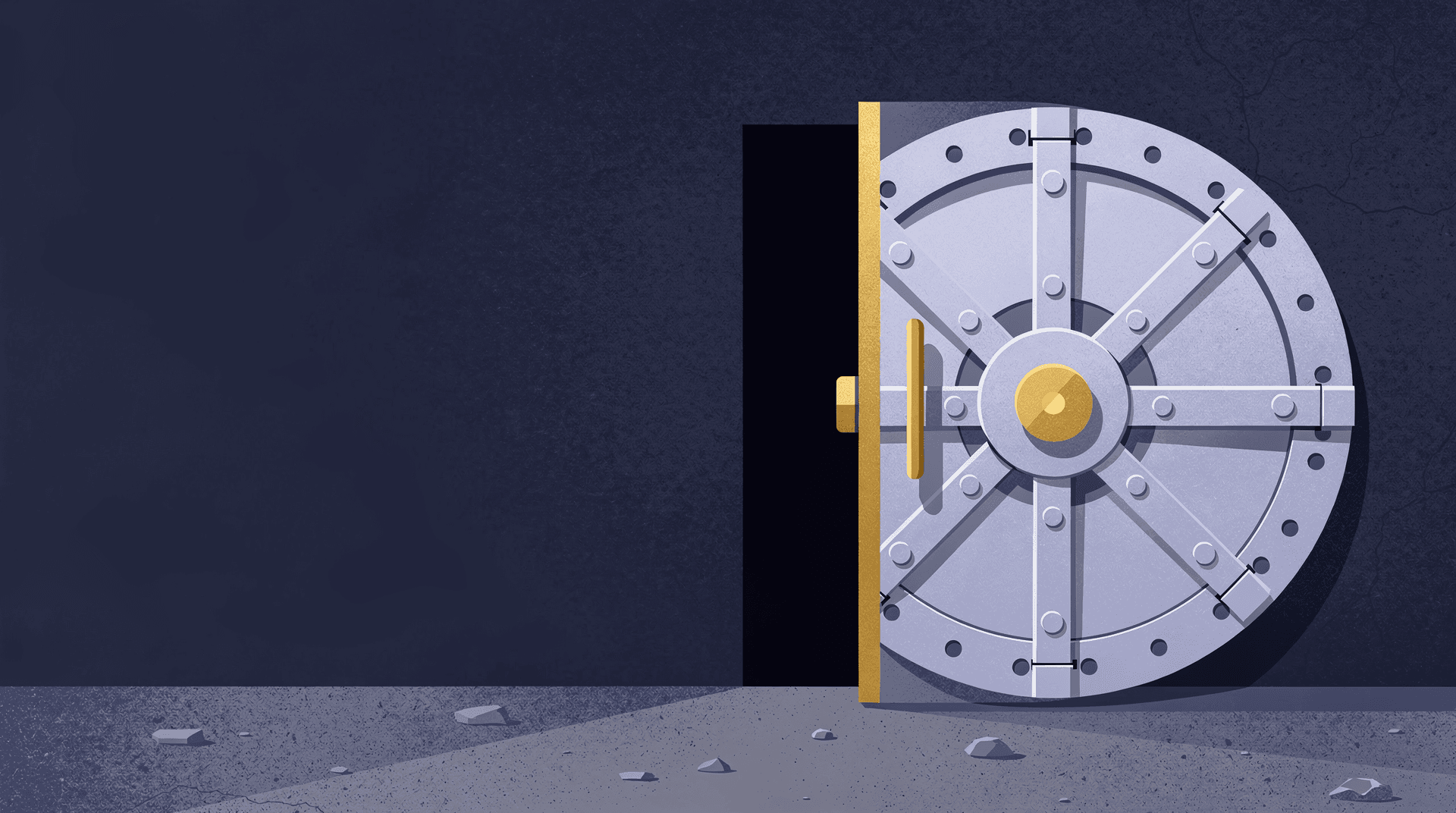 An illustration of a large, circular bank vault door, light gray with gold accents, slightly ajar against a dark wall.