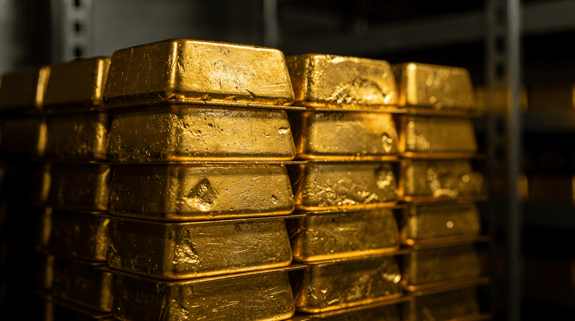 Several stacks of shiny gold bullion bars are arranged in a dimly lit vault-like setting, filling most of the frame.