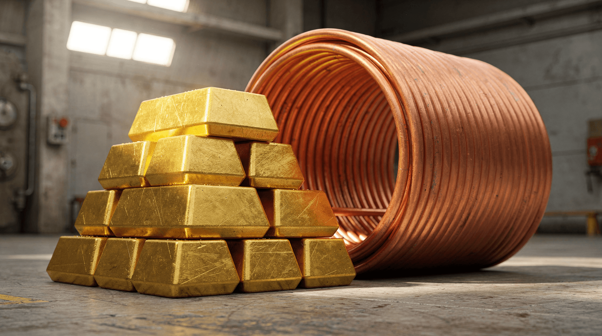 Stacked unmarked gold bullion bars beside a coil of copper tubing under soft warehouse light