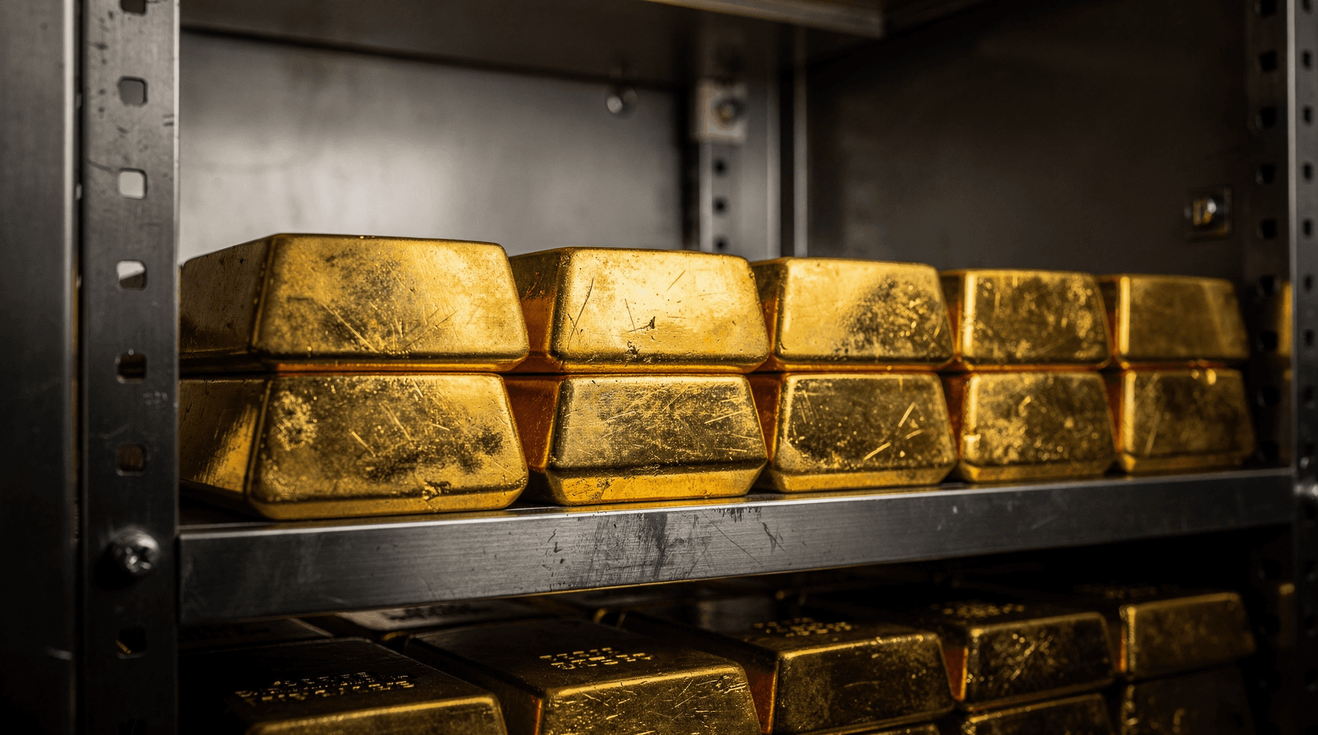 Stacked gold bars in a vault under warm lighting