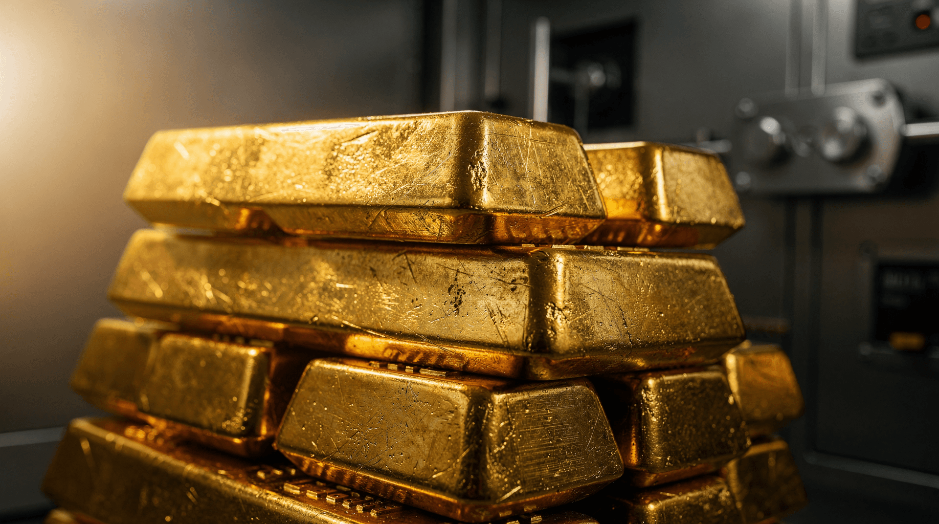 Close-up of numerous stacked gold bars with a blurry dark background featuring what appears to be a vault door.