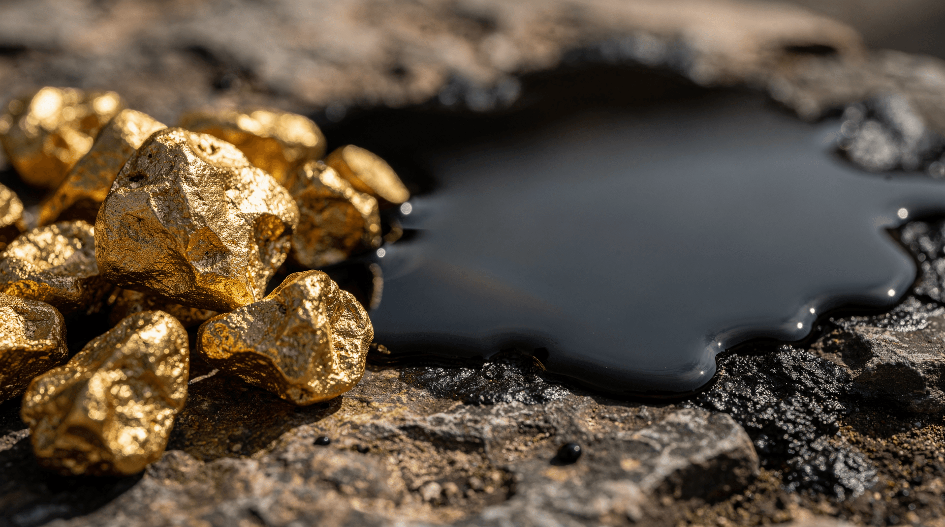 Shiny gold nuggets lie on rough dark ground next to a pool of viscous black liquid, representing crude oil.