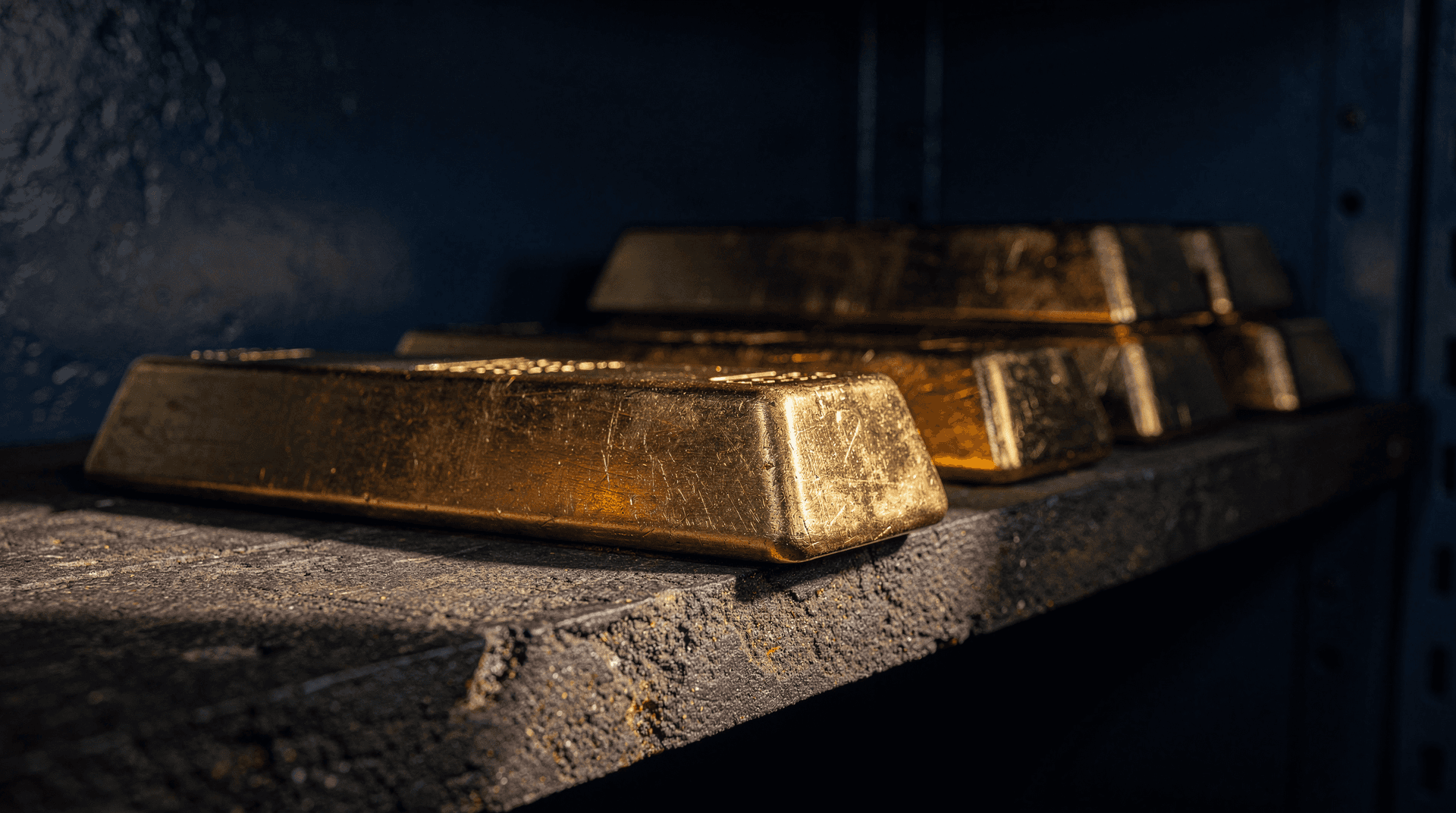 Stacked gold bullion bars in a dim vault, one bar poised at a shelf's edge catching warm light.