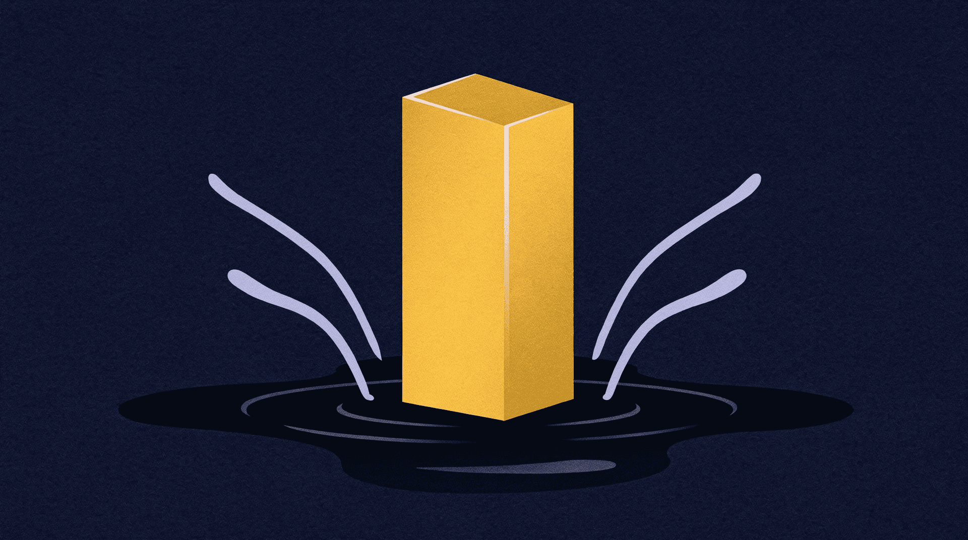 An isometric illustration of a tall, shimmering gold bar emerging from a dark, oily pool, with liquid splashing upwards.