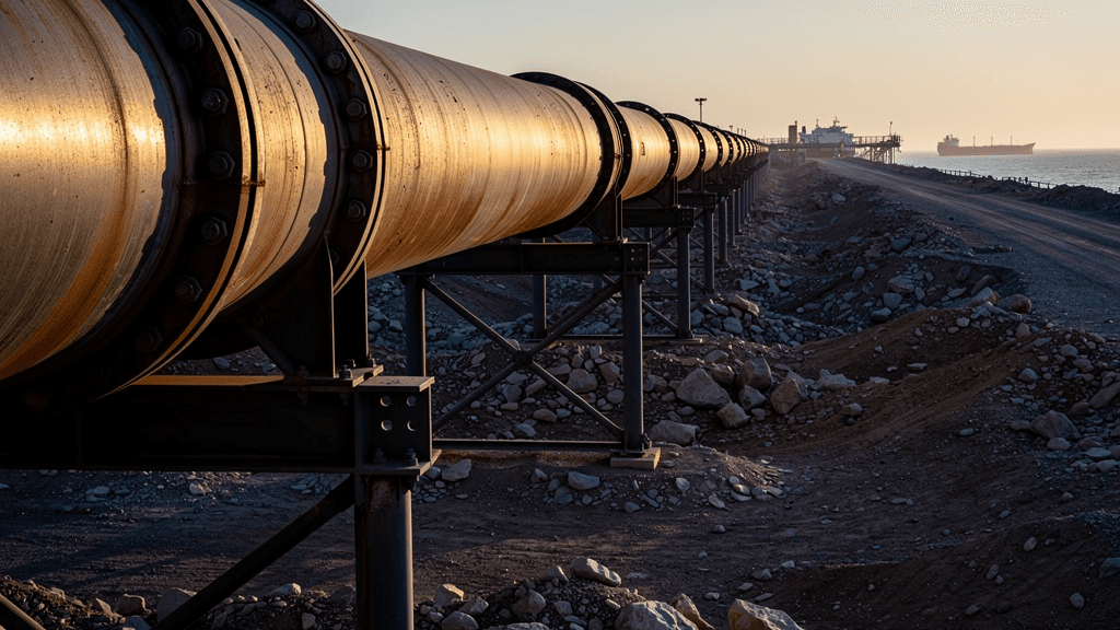 Crude oil pipeline on steel supports crossing desert terrain toward a coastal tanker terminal at dusk