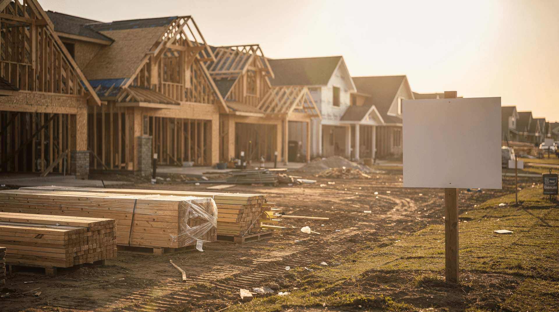 Partially framed suburban houses under construction at golden hour with lumber stacks and a blank yard sign
