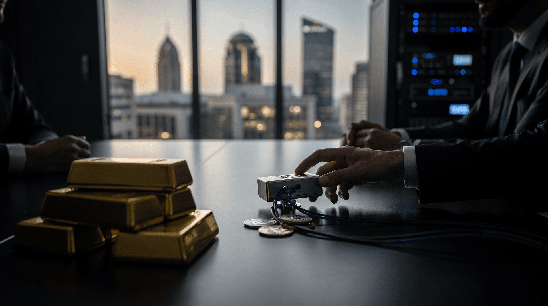 Several gold bars, crypto coins, and a small device with wires on a dark table, with blurred business people and cityscape in the background.