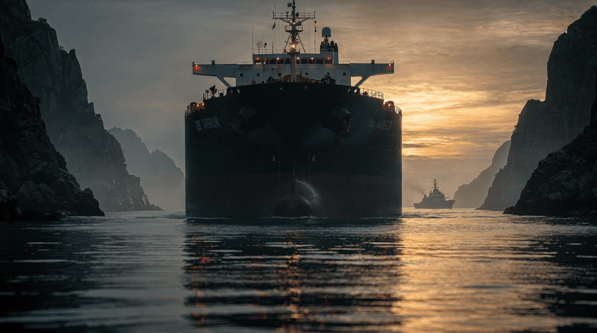 Oil tanker transiting a narrow strait at dusk