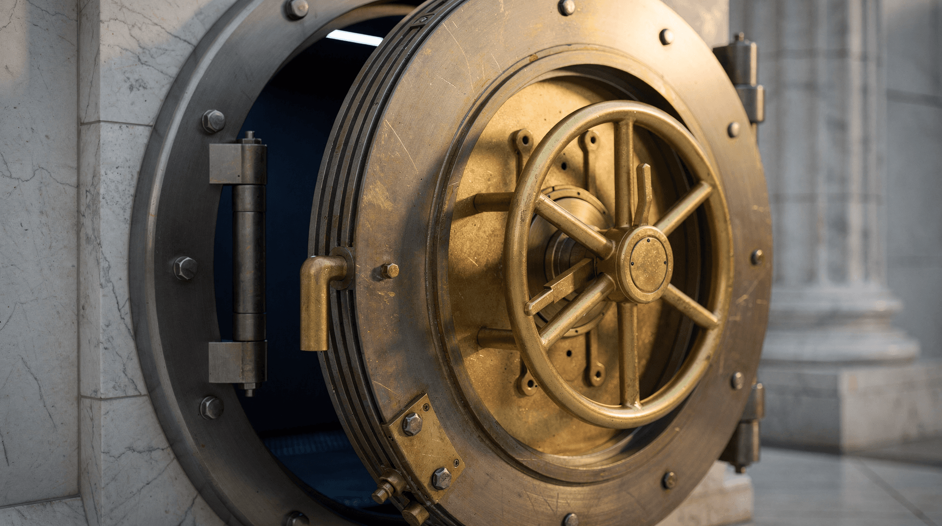 A partially open bank vault door with brass levers, softly lit against blurred marble columns.