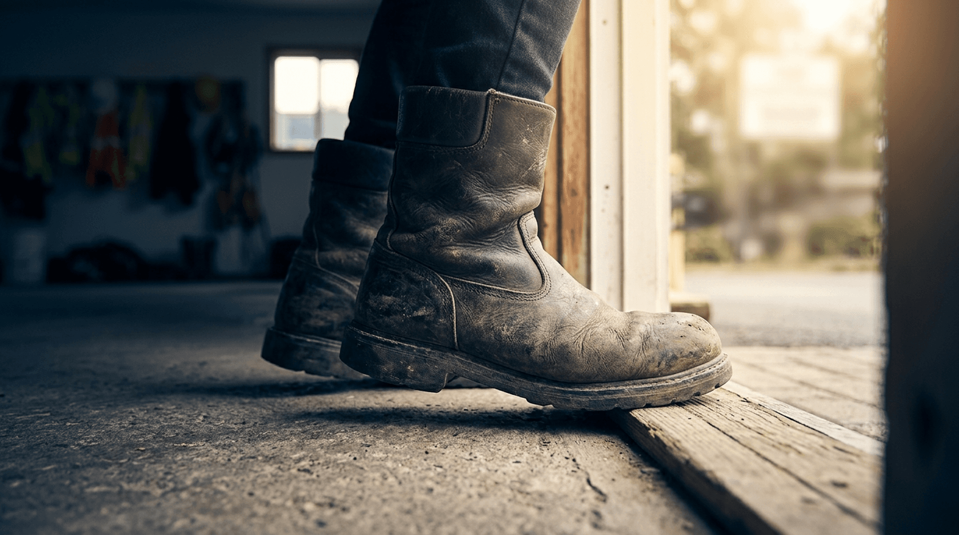 Worn work boots pause at a sunlit doorway threshold, hinting at a worker's move between jobs.