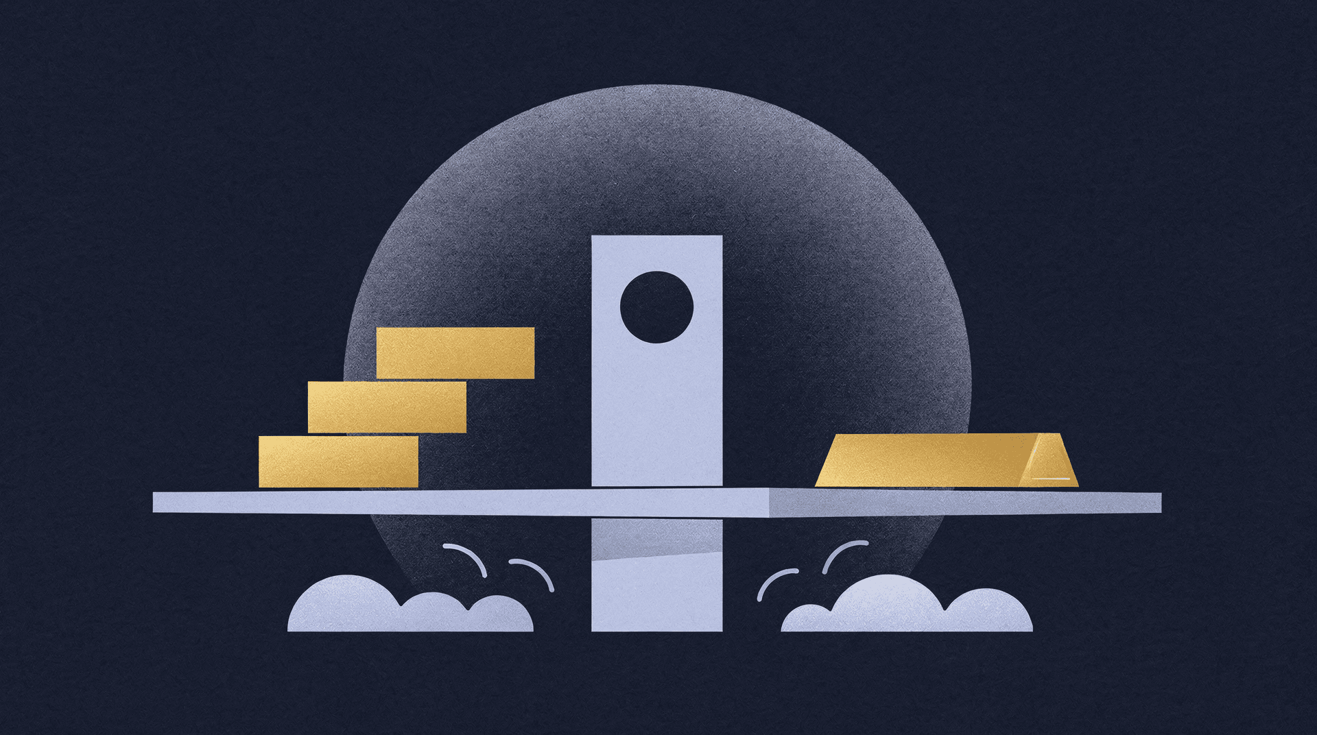 An abstract illustration depicting a balanced scale with gold bars on one side and a single gold bar on the other, set against a dark background with a large circular light element.