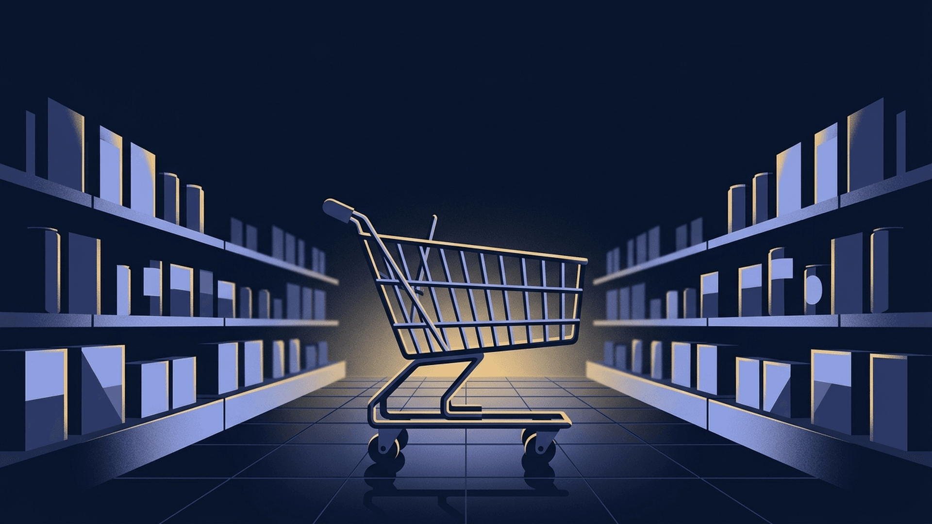 Empty grocery aisle at dawn with a single shopping cart lit in muted navy and gold tones