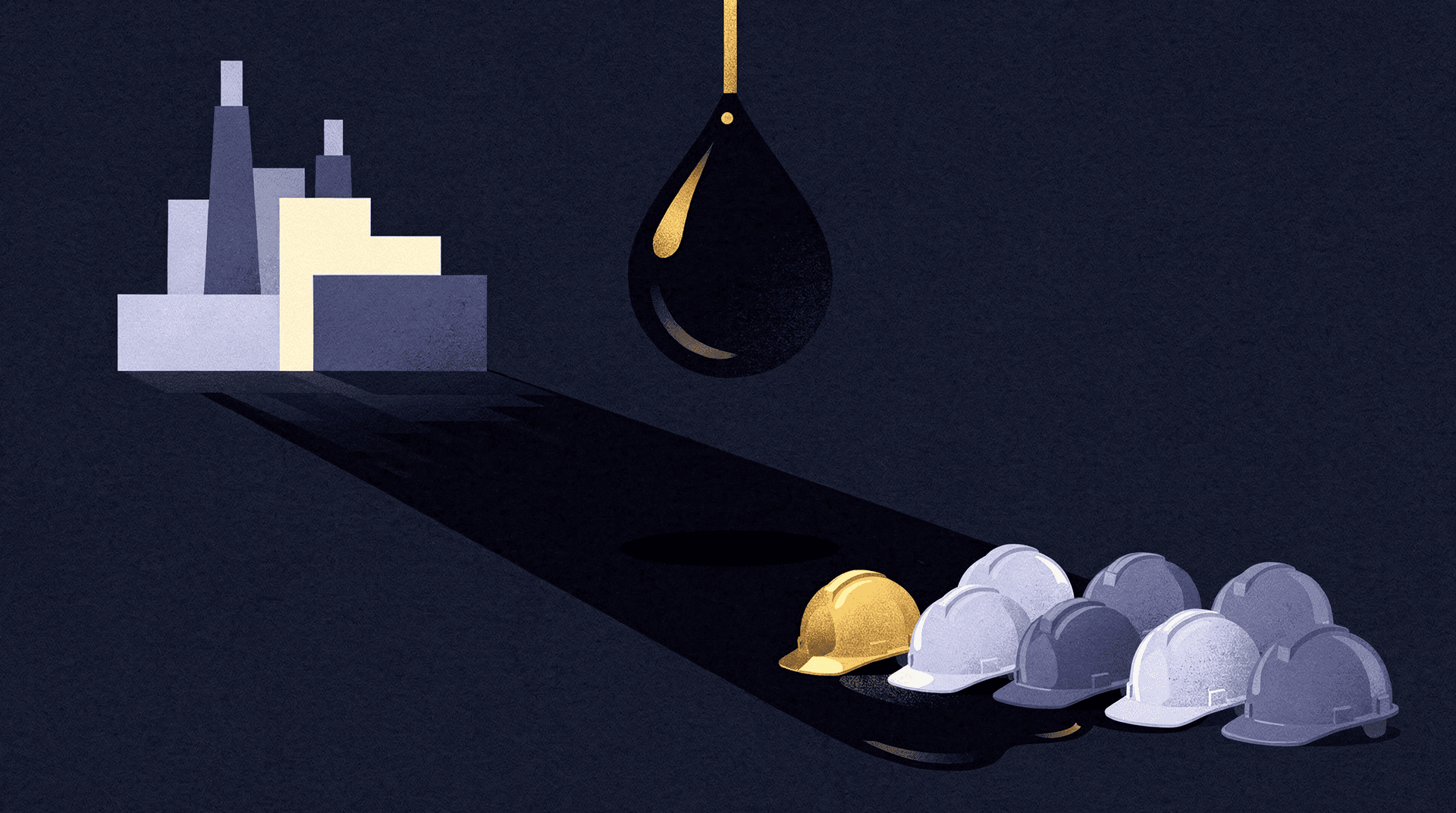 Illustration showing a factory, a large drop of oil hanging over a single gold hard hat, and several gray hard hats in shadow.