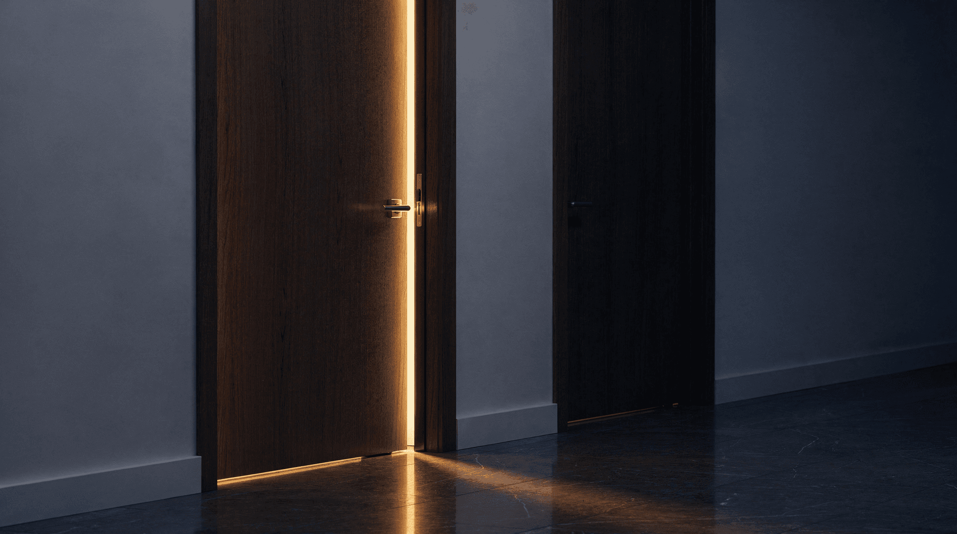 Dim corridor with two identical doors, one ajar with warm light, the other closed in shadow