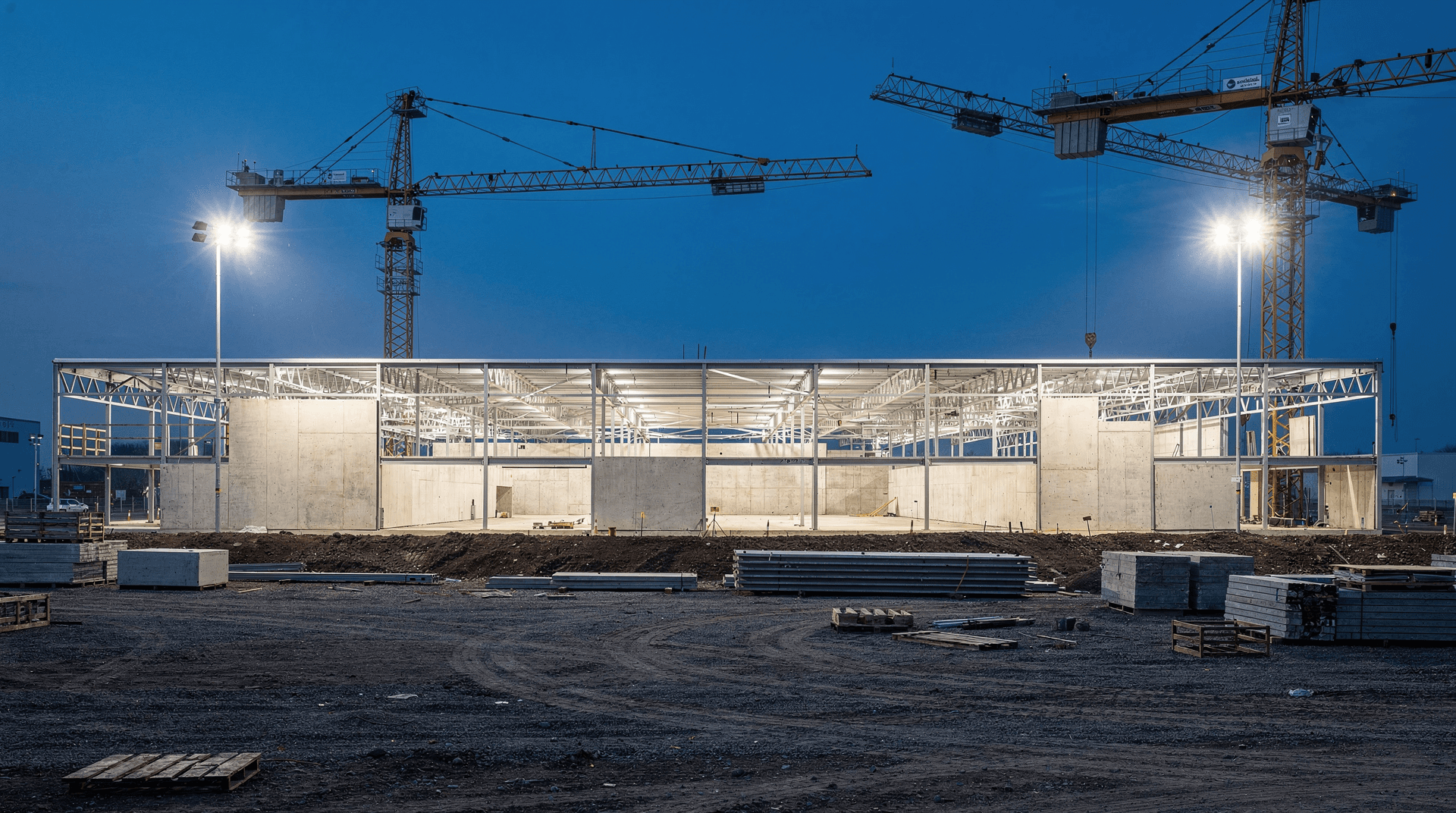 Datacenter hall under construction at dusk with tower cranes and floodlights