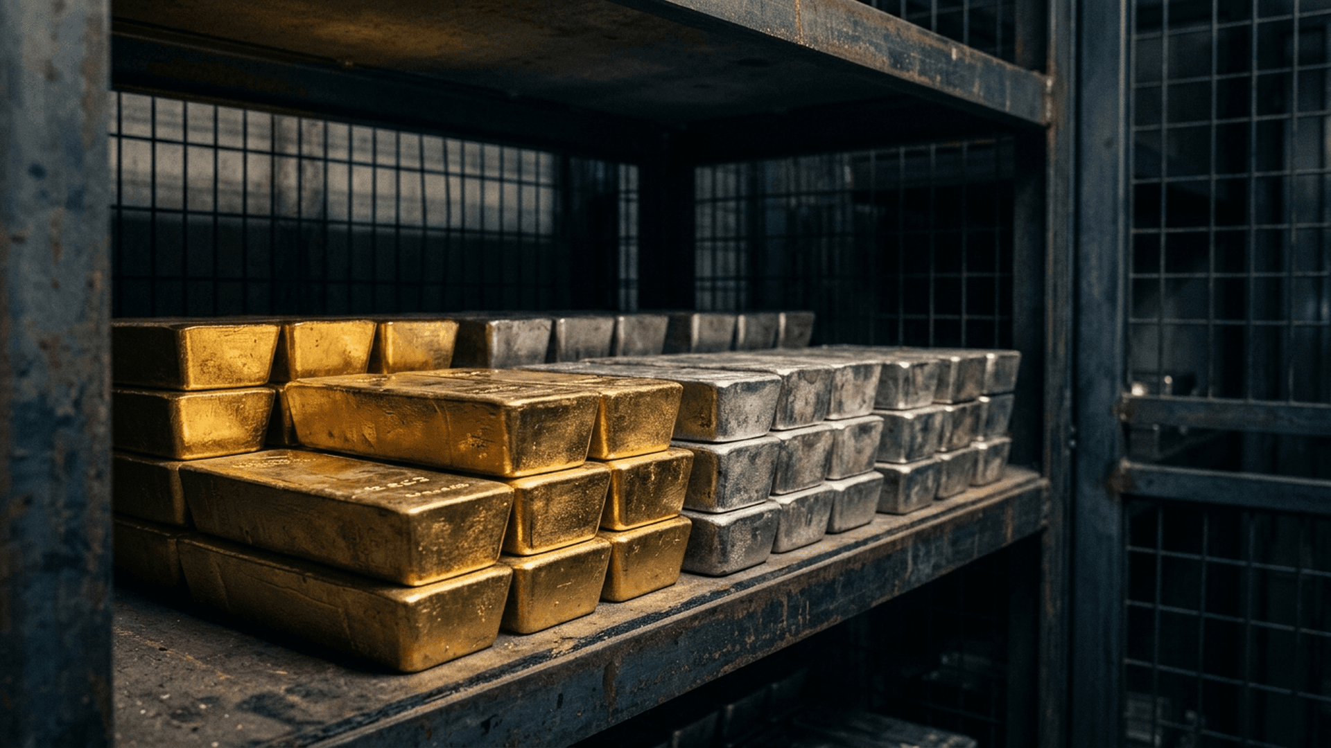 Stacked gold and silver bullion bars glowing under dramatic warm light in a shadowed vault setting
