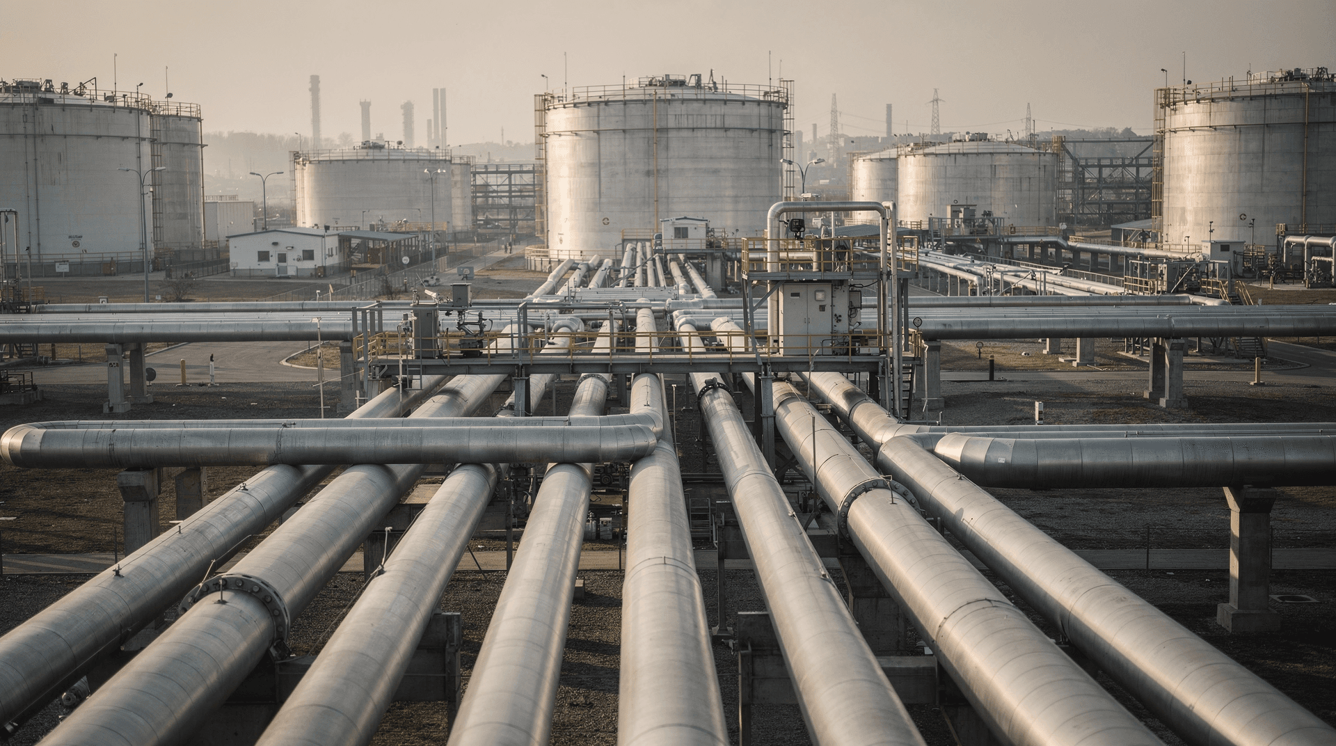Pipeline infrastructure network crossing industrial energy landscape with storage tank facilities