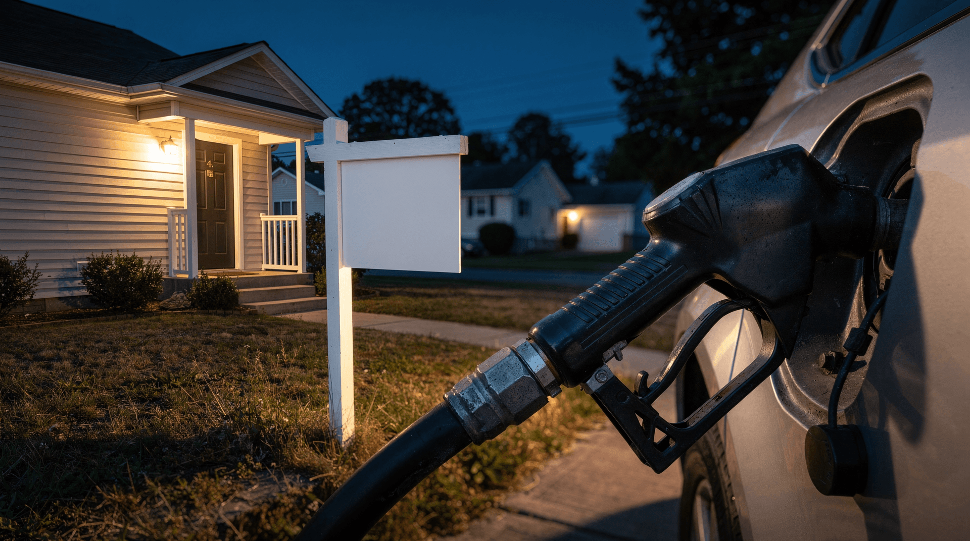 Suburban house with a blank for-sale sign beside a gas pump nozzle at dusk