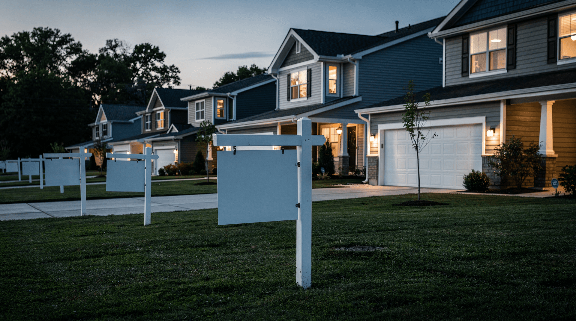 Row of newly built suburban houses at dusk, each lawn holding a blank real-estate yard sign
