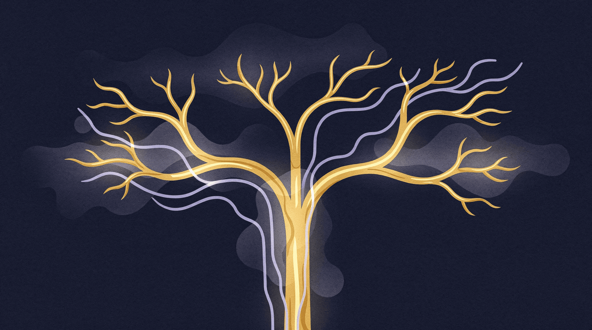 Stylized golden tree with glowing branches and purple lines interwoven against a dark blue, textured background.