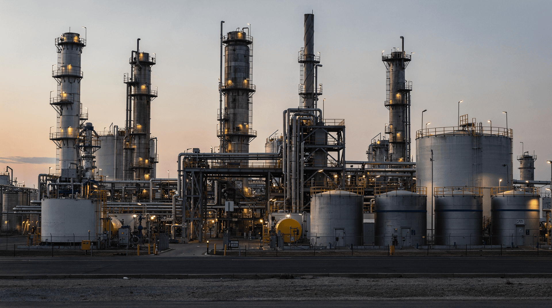 A padlocked industrial gate stands before a hazy oil refinery at dusk.