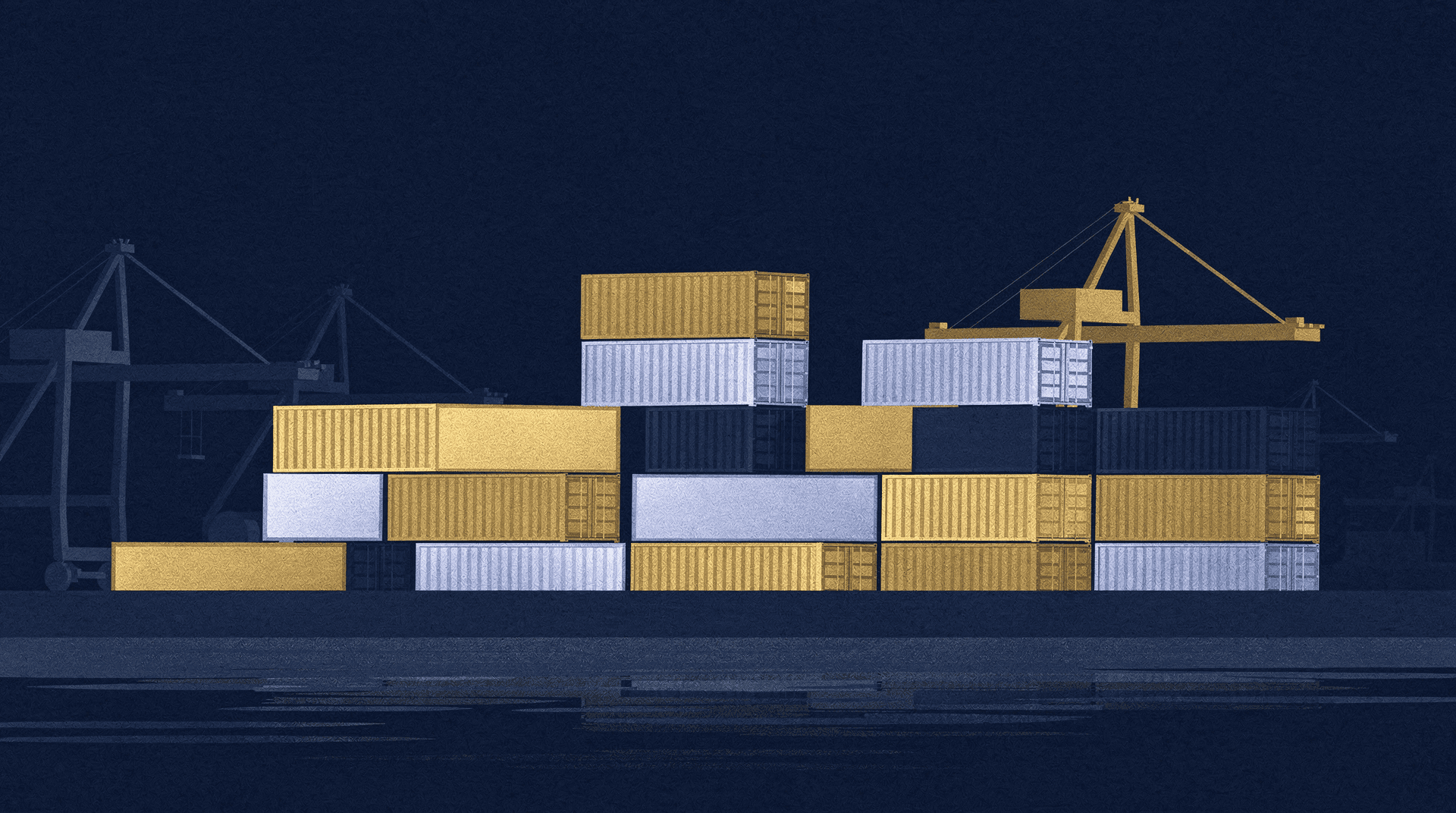 Editorial illustration of infrastructure — shipping containers and cranes — representing OFAC's sanctions architecture in the Venezuela telecom market, in MIL house style