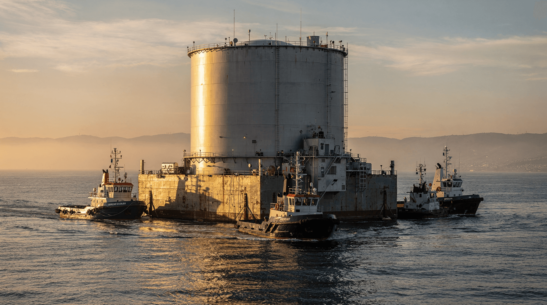 Large cylindrical floating platform, possibly for energy, being towed by multiple tugboats across calm ocean waters at sunset.