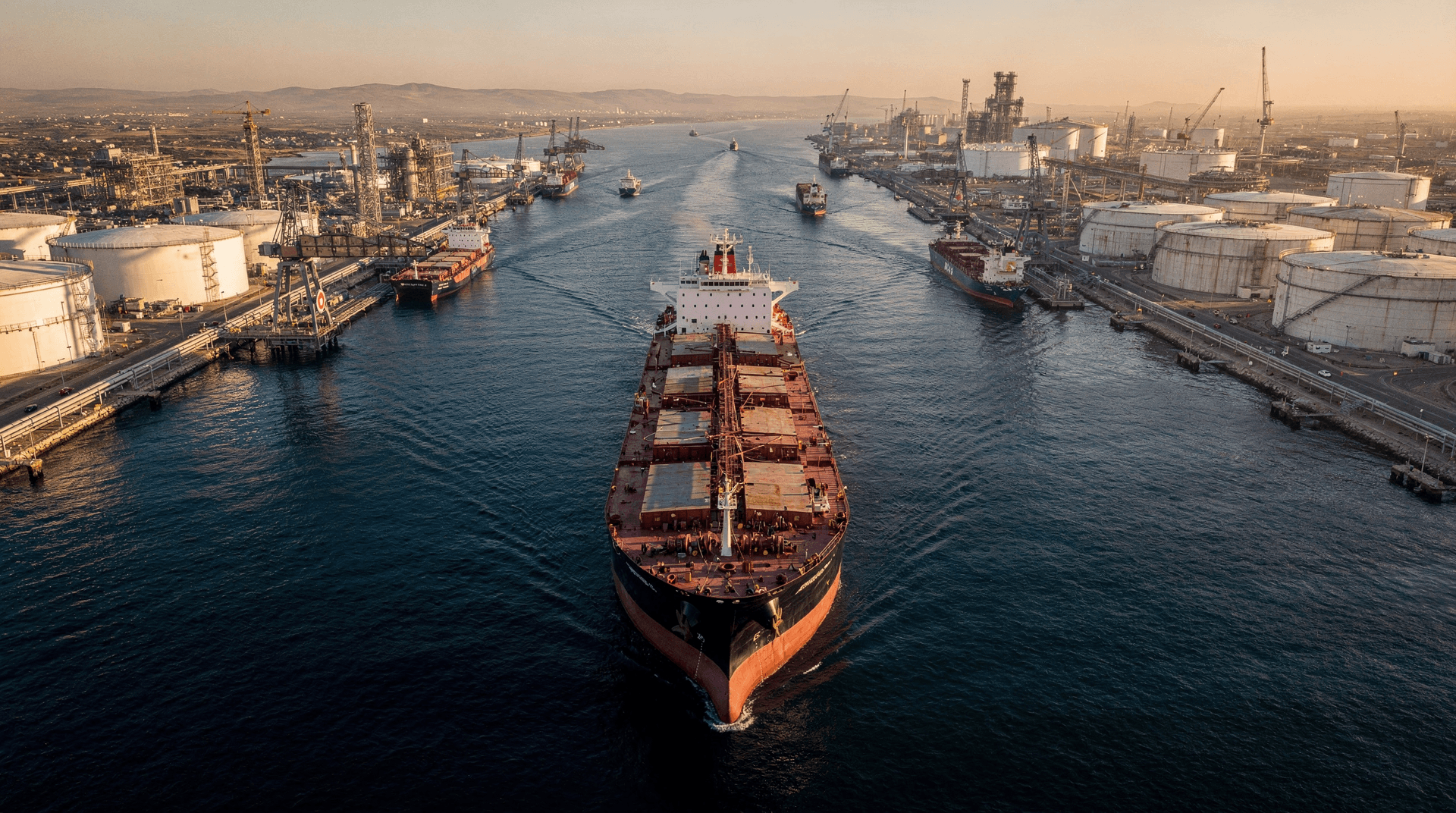 Aerial view of a large oil tanker entering a port with multiple other ships, oil storage tanks, and refinery infrastructure.