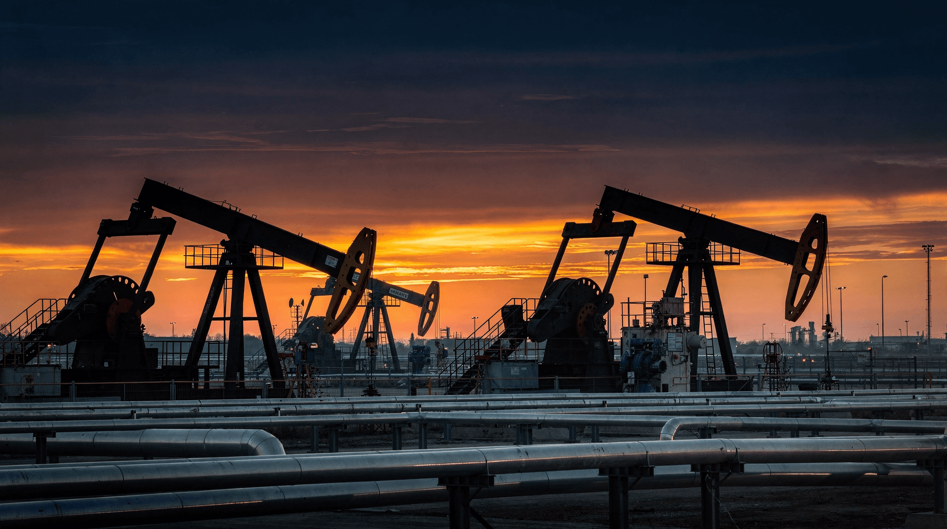 Oil machinery silhouetted against a dramatic dusk sky