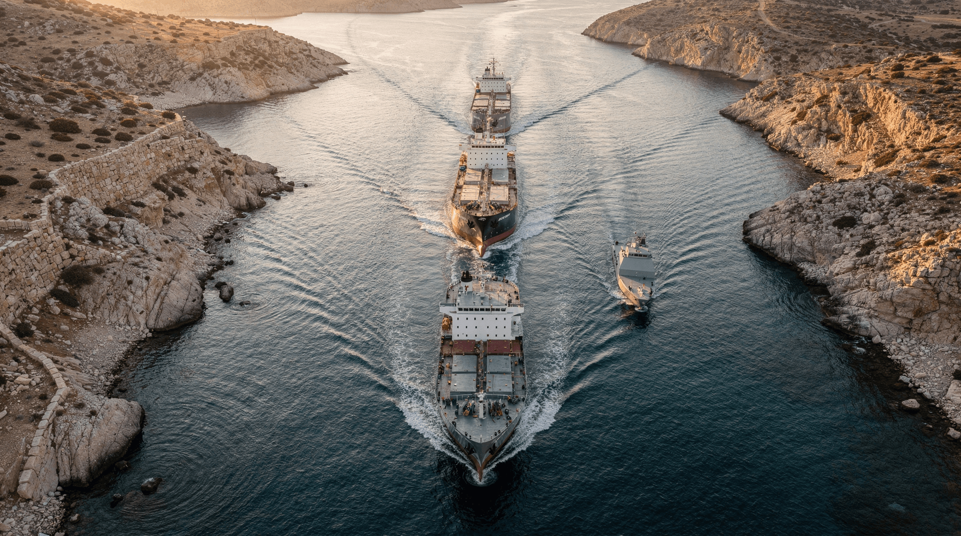 A lone tanker anchored in a narrow strait between rocky headlands at dusk, water empty ahead
