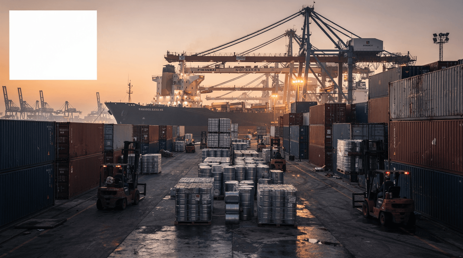 Stacked shipping containers and crane silhouettes at a hazy dusk port dock